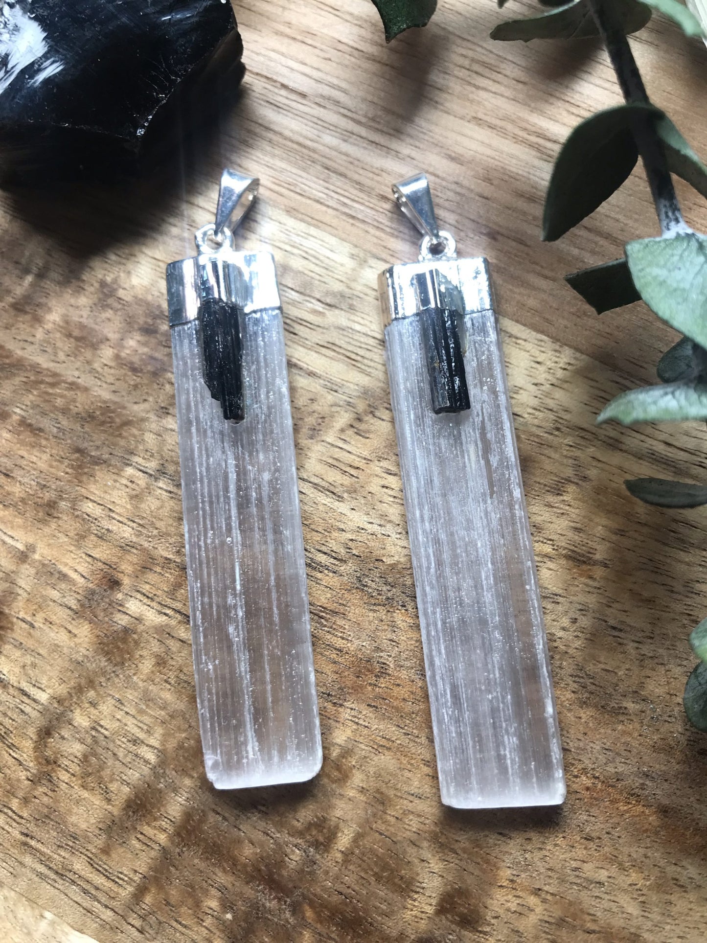 Selenite & Tourmaline pendant 4-5cm image 1