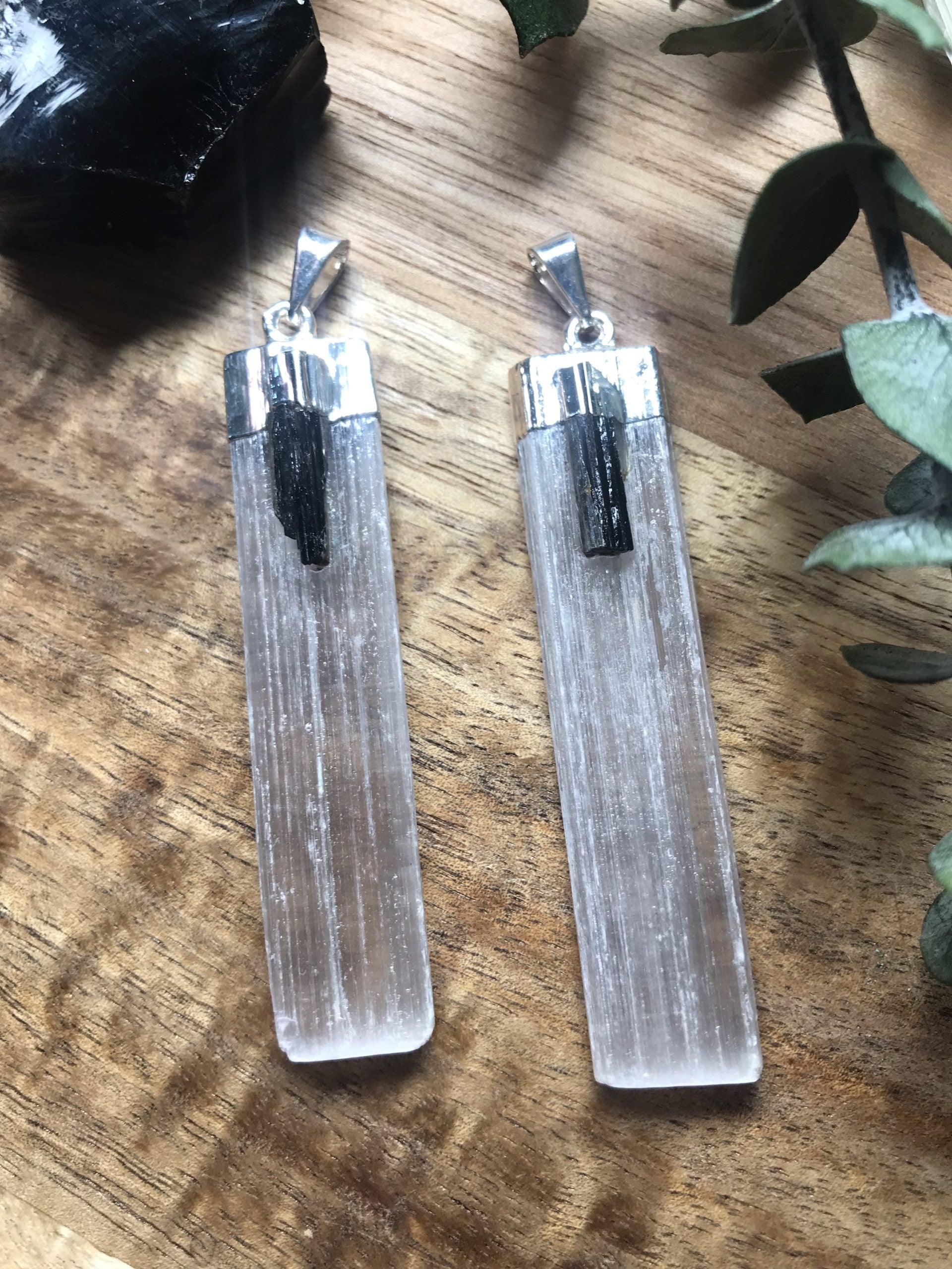 Selenite & Tourmaline pendant 4-5cm image 1