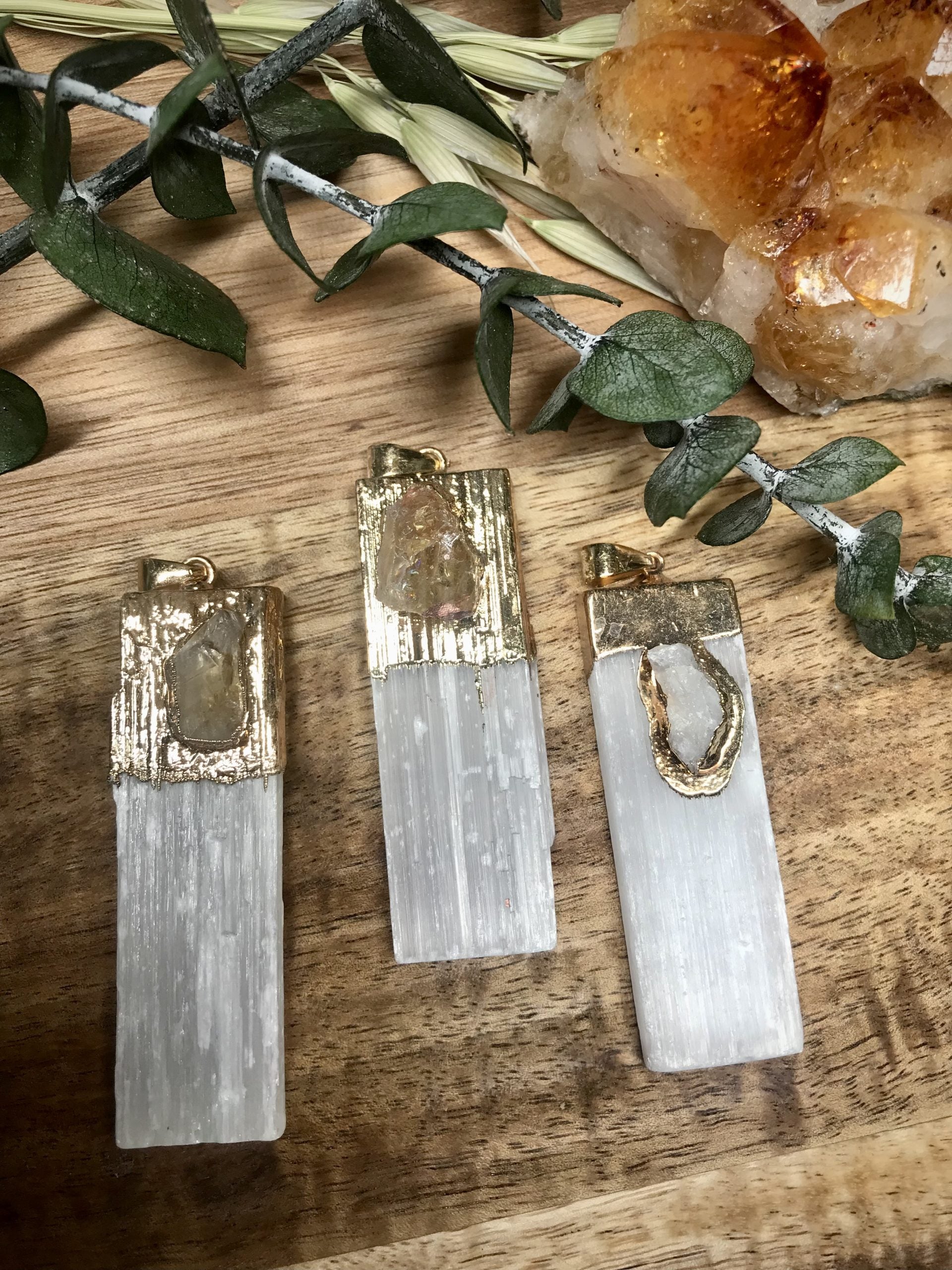Selenite & Citrine pendant - gold plated chain image