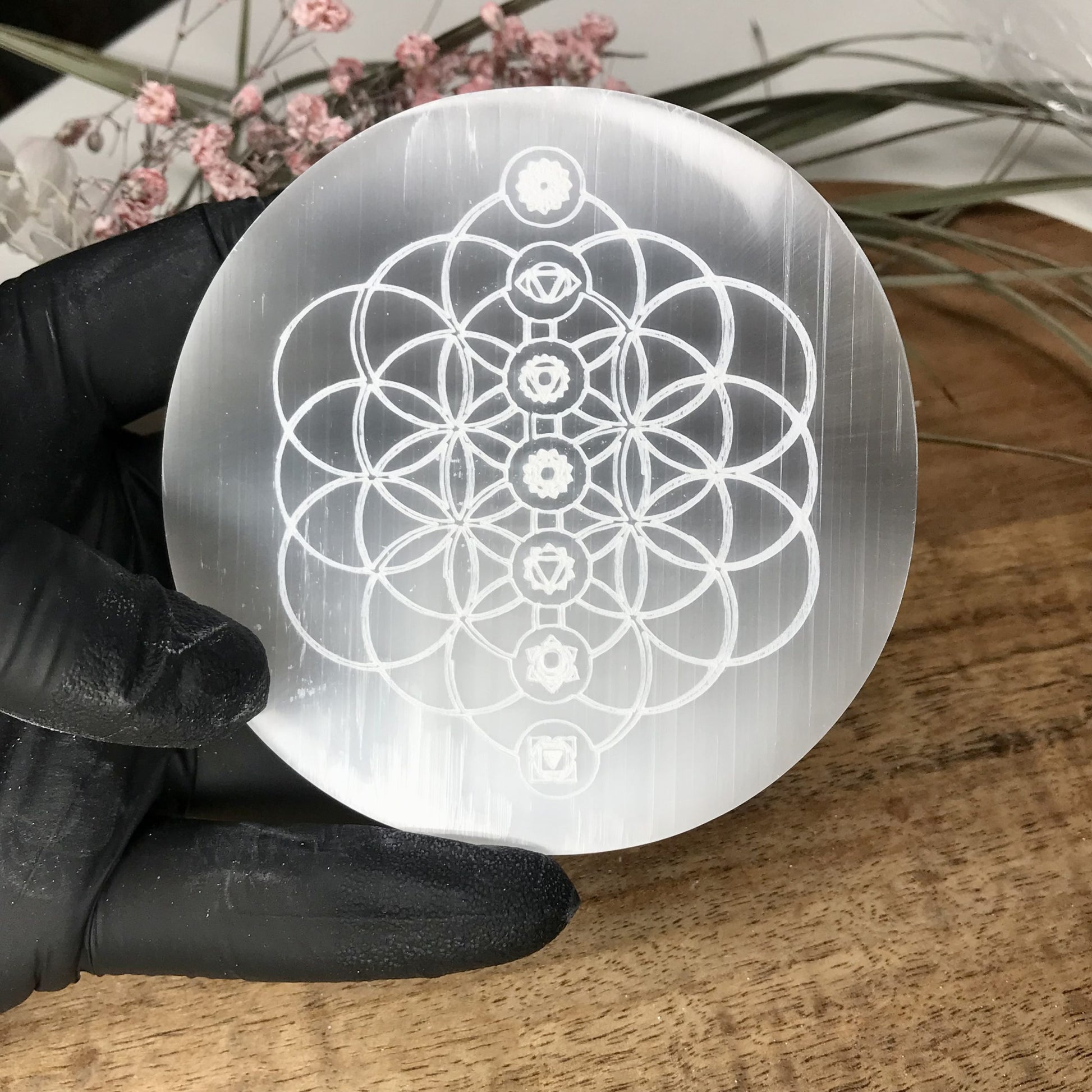 Selenite charging plate-Flower of life/Chakras image 2