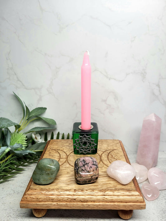 Spell candle holder - Green Glass Heart Chakra image 0