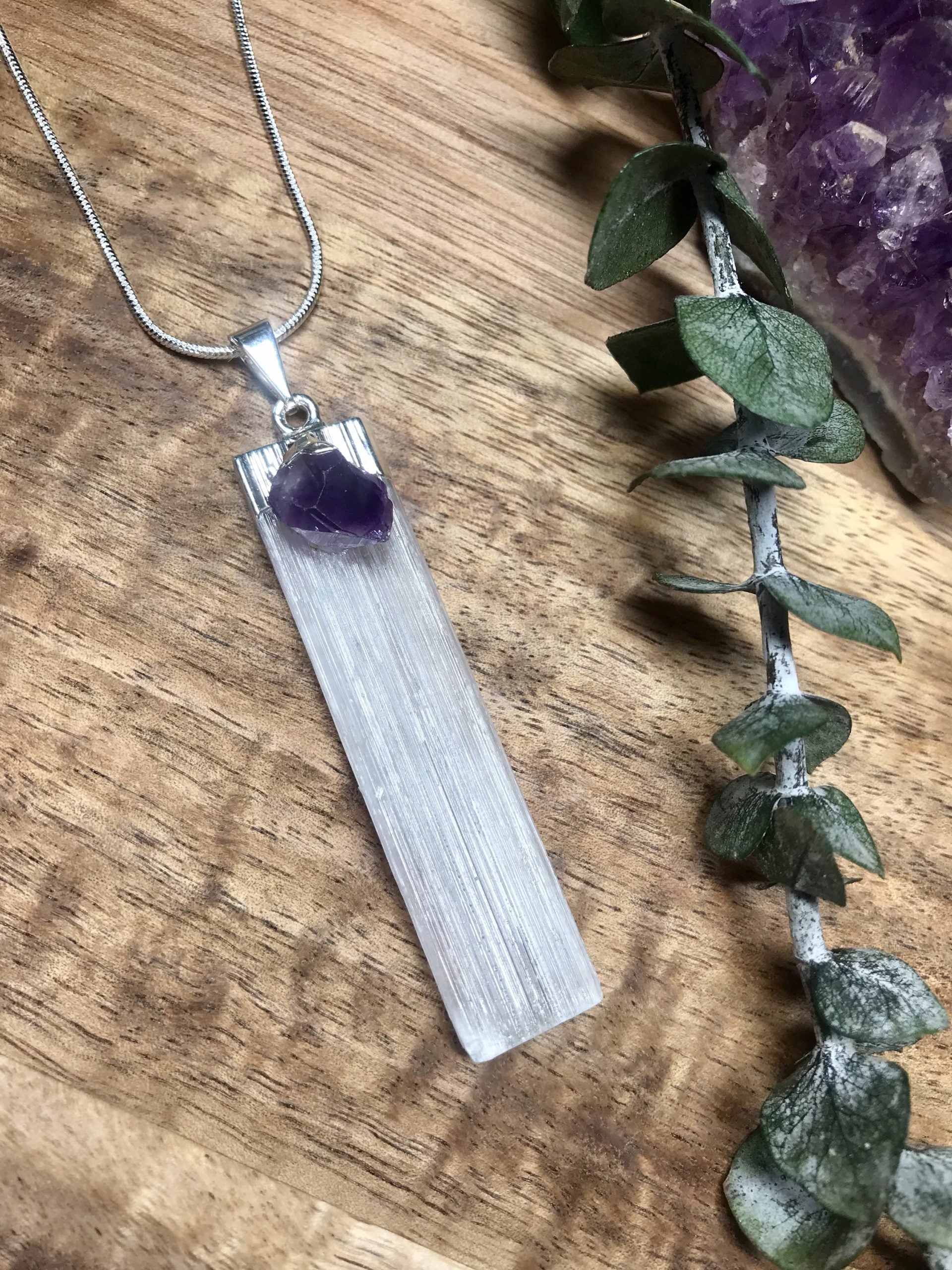 Selenite and Amethyst pendant-4cm-5.5cm image 1
