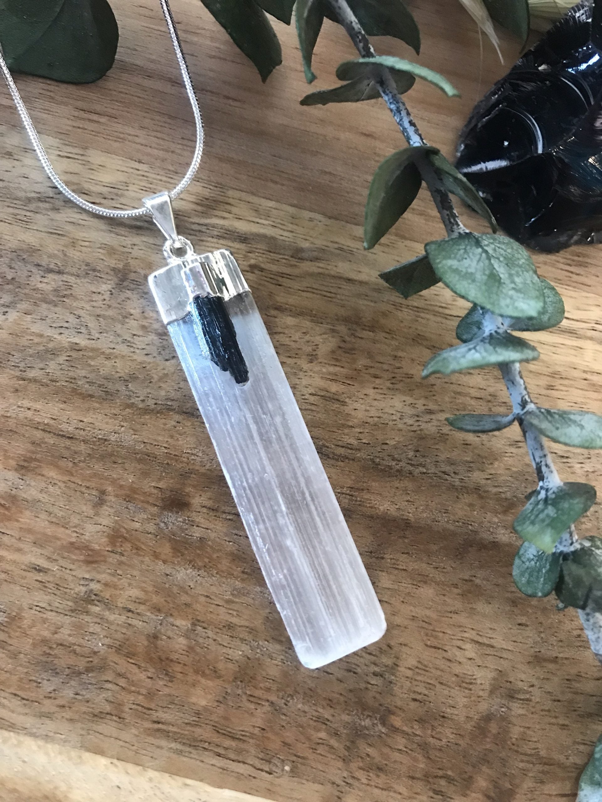 Selenite & Tourmaline pendant 4-5cm image 2