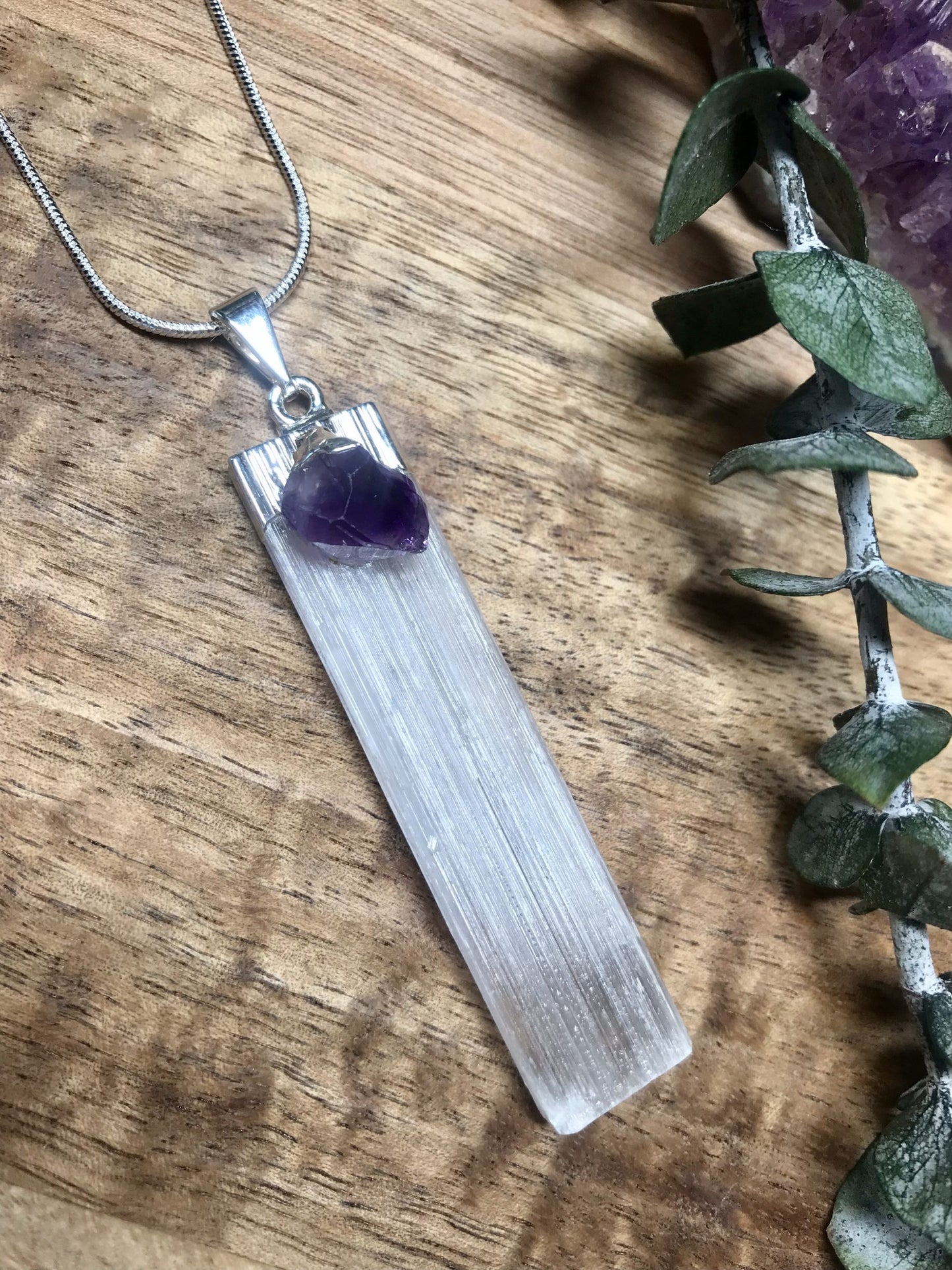 Selenite and Amethyst pendant-4cm-5.5cm image 2