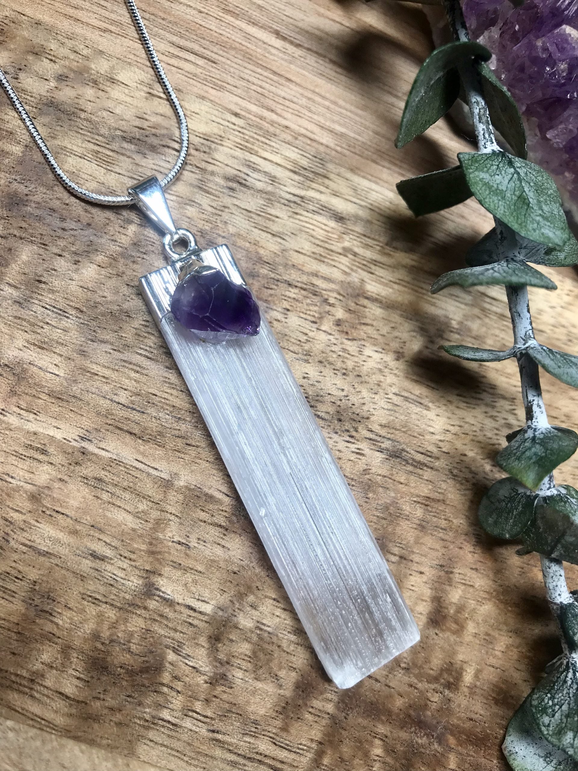 Selenite and Amethyst pendant-4cm-5.5cm image 2