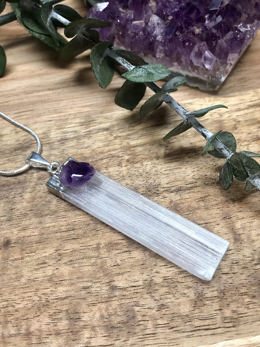 Selenite and Amethyst pendant-4cm-5.5cm image 0
