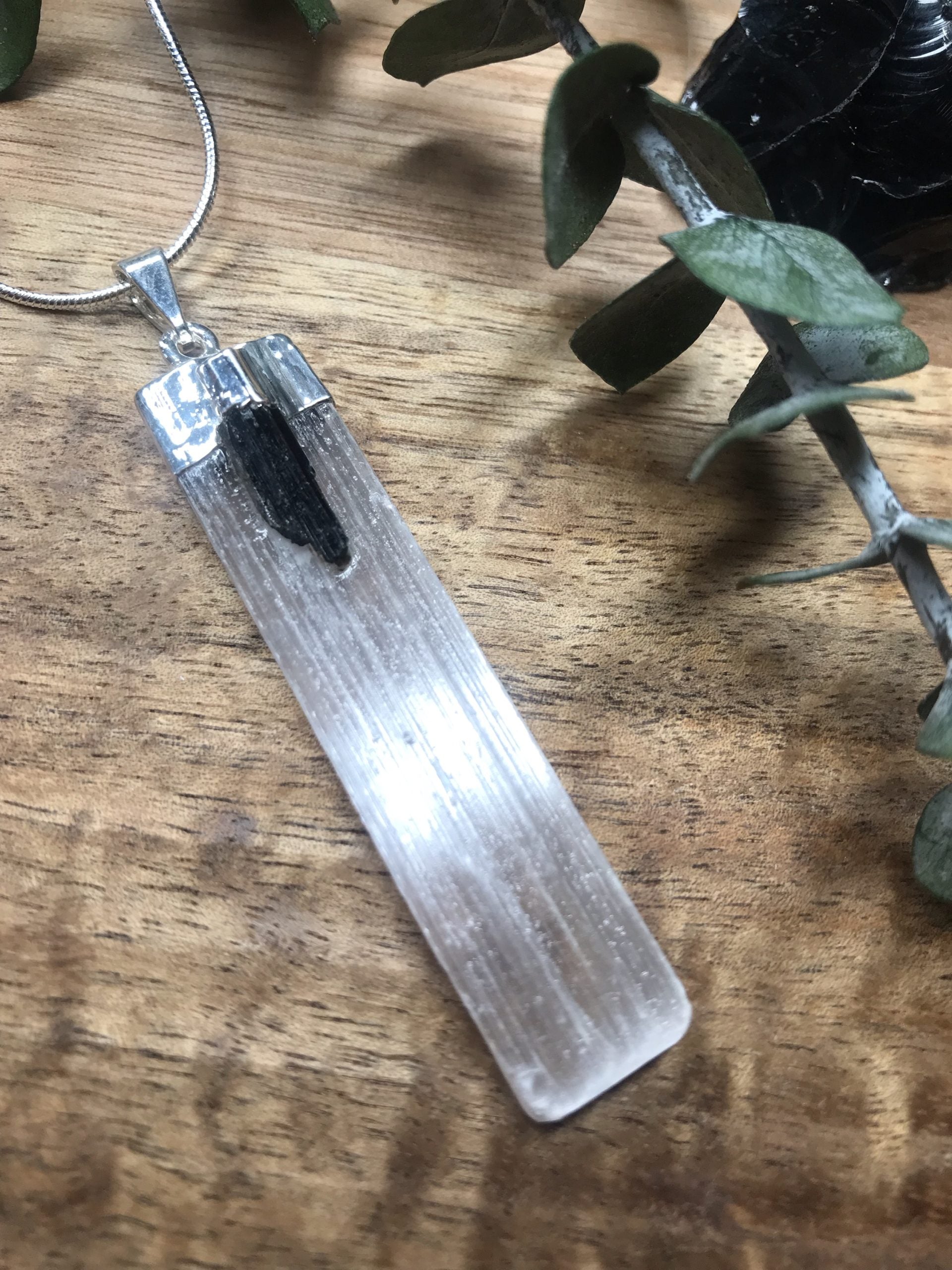 Selenite & Tourmaline pendant 4-5cm image 0